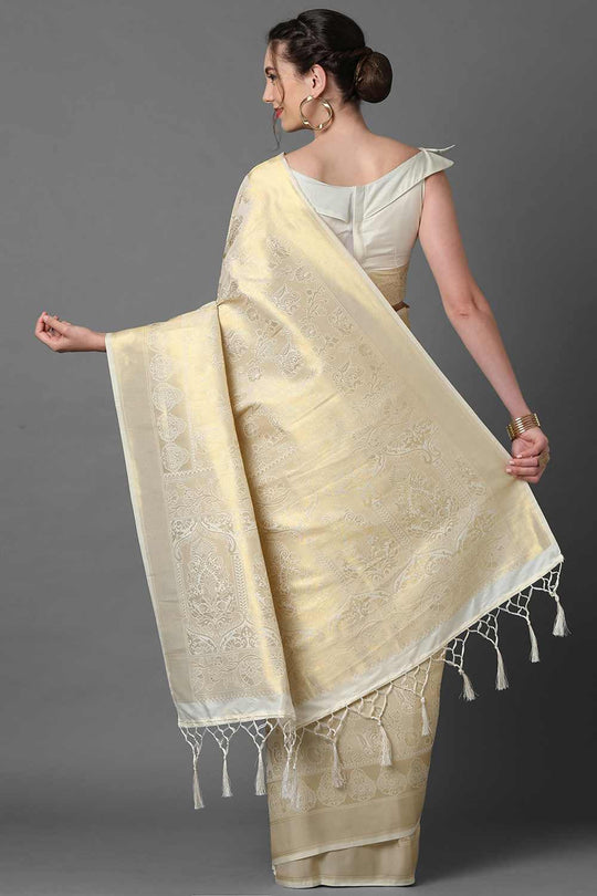 Shop Vulli Cream Woven Kanjivaram Art Silk One Minute Saree at best offer at our  Store - One Minute Saree