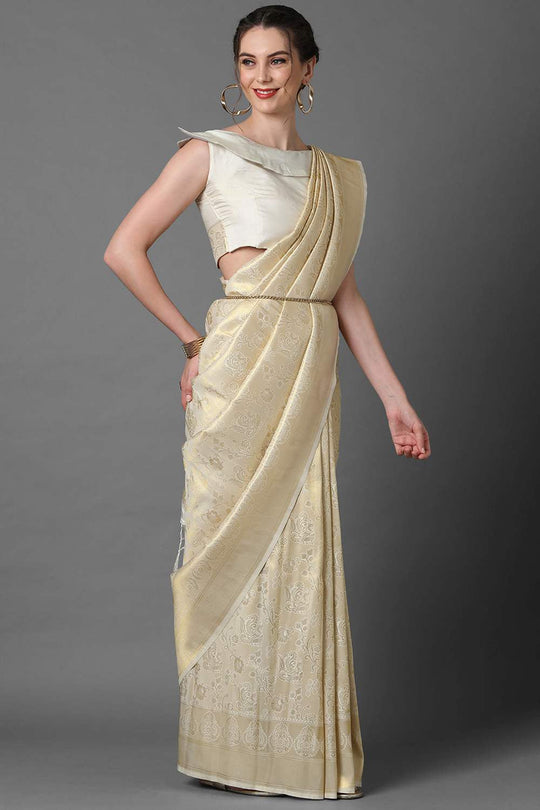 Buy Vulli Cream Woven Kanjivaram Art Silk One Minute Saree Online