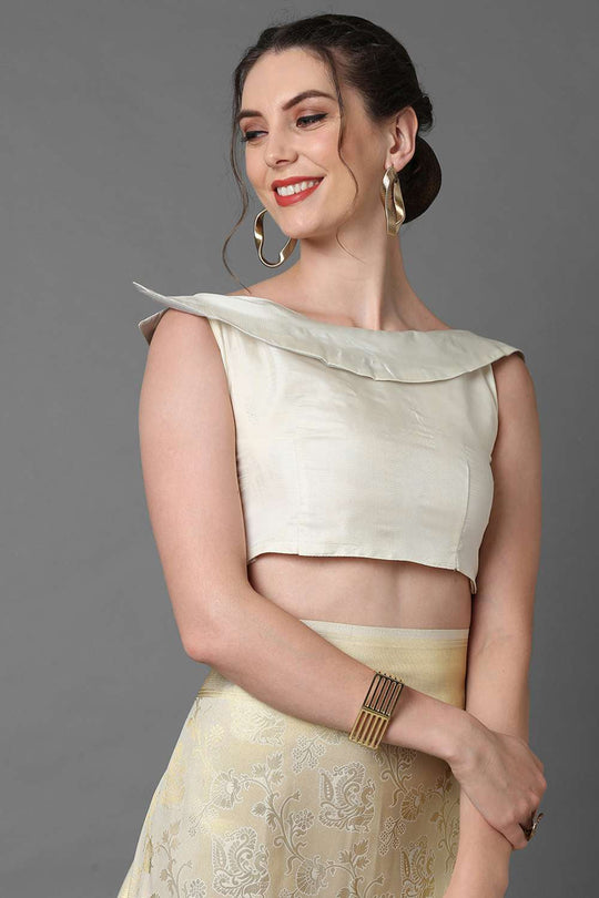 Buy Vulli Cream Woven Kanjivaram Art Silk One Minute Saree Online - Back