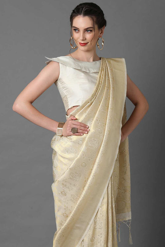 Buy Vulli Cream Woven Kanjivaram Art Silk One Minute Saree Online - Side