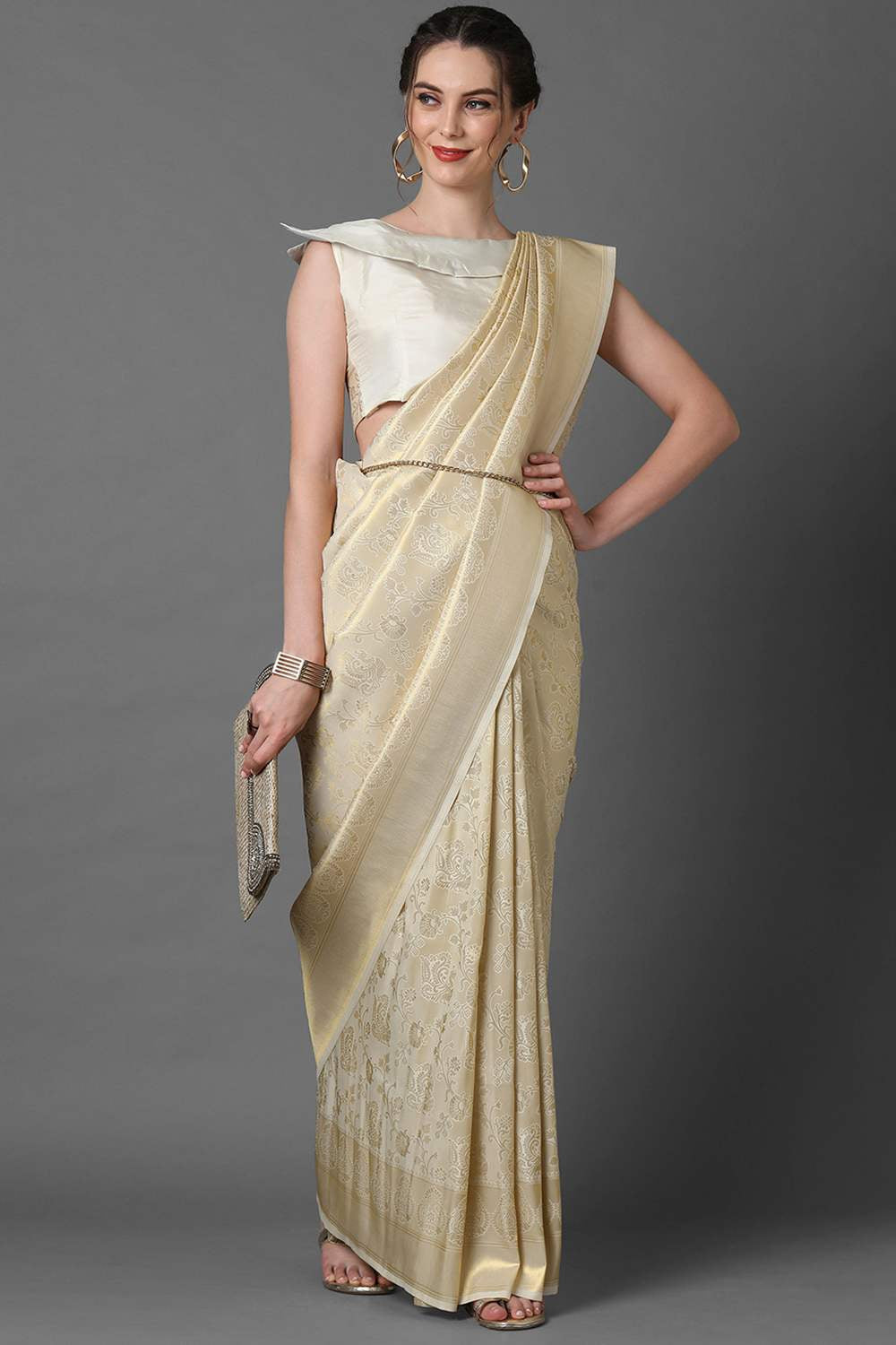 Buy Vulli Cream Woven Kanjivaram Art Silk One Minute Saree Online - One Minute Saree