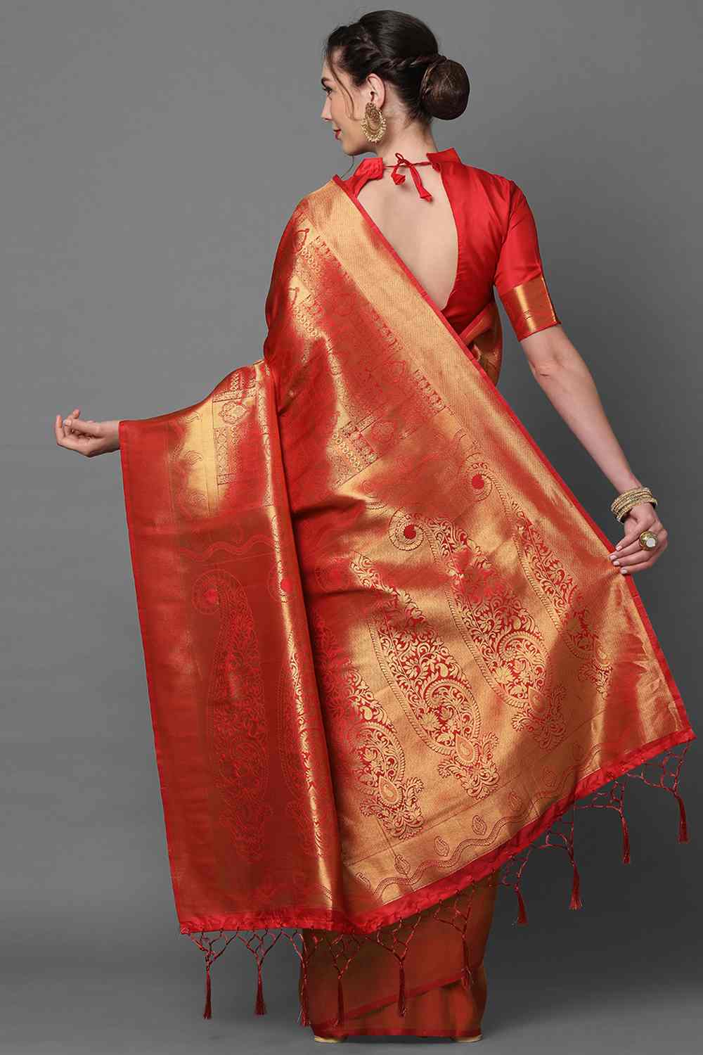 Buy Hannah Red Woven Kanjivaram Art Silk One Minute Saree Online - One Minute Saree