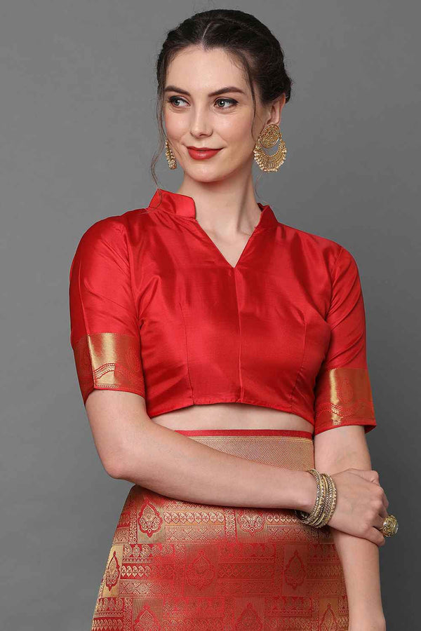 Buy Hannah Red Woven Kanjivaram Art Silk One Minute Saree Online - Back