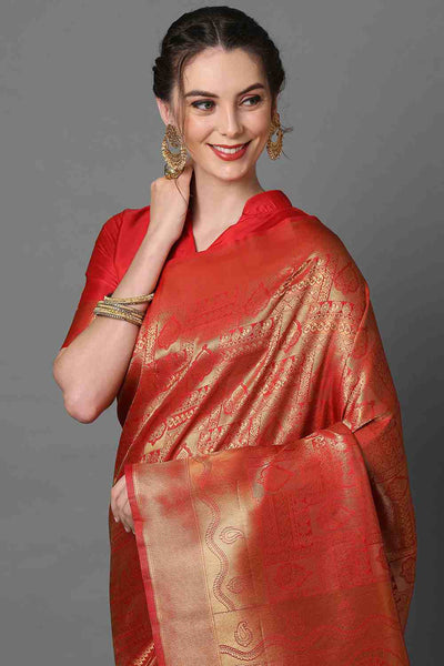 Buy Hannah Red Woven Kanjivaram Art Silk One Minute Saree Online - Side
