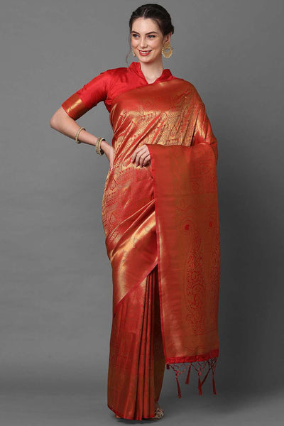 Buy Red Woven Kanjivaram Art Silk  One Minute Saree