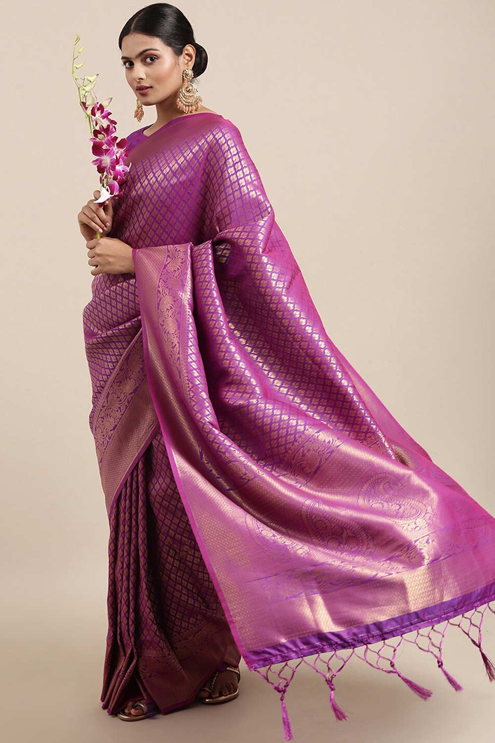 Buy Krista Magenta Silk Blend Banarasi One Minute  Saree Online - One Minute Saree