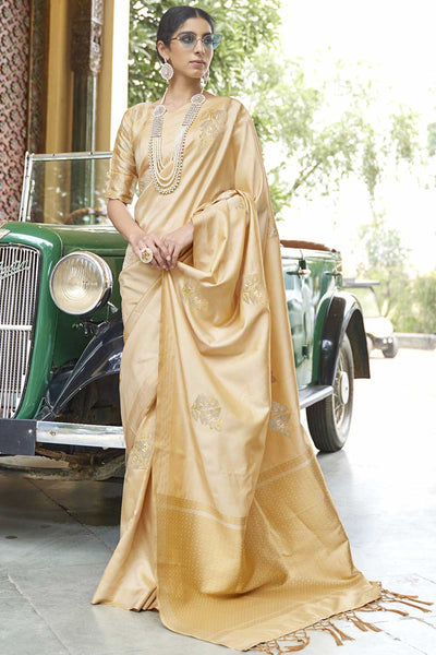 Buy Ilyssa Silk Blend Gold Woven Design Handloom One Minute Saree Online - One Minute Saree