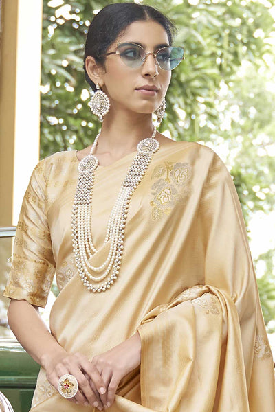 Buy Ilyssa Silk Blend Gold Woven Design Handloom One Minute Saree Online