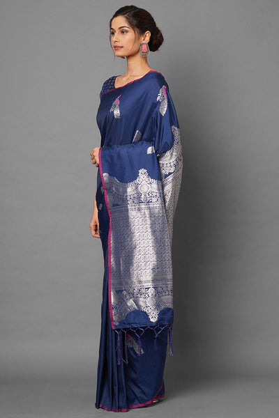 Buy Ruhi Blue Woven Silk Blend One Minute Saree Online - Front