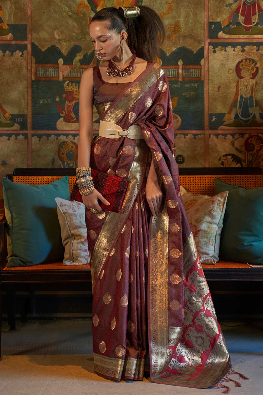 Buy Kavya Brown Art Silk Paisley Design One Minute Saree Online - One Minute Saree