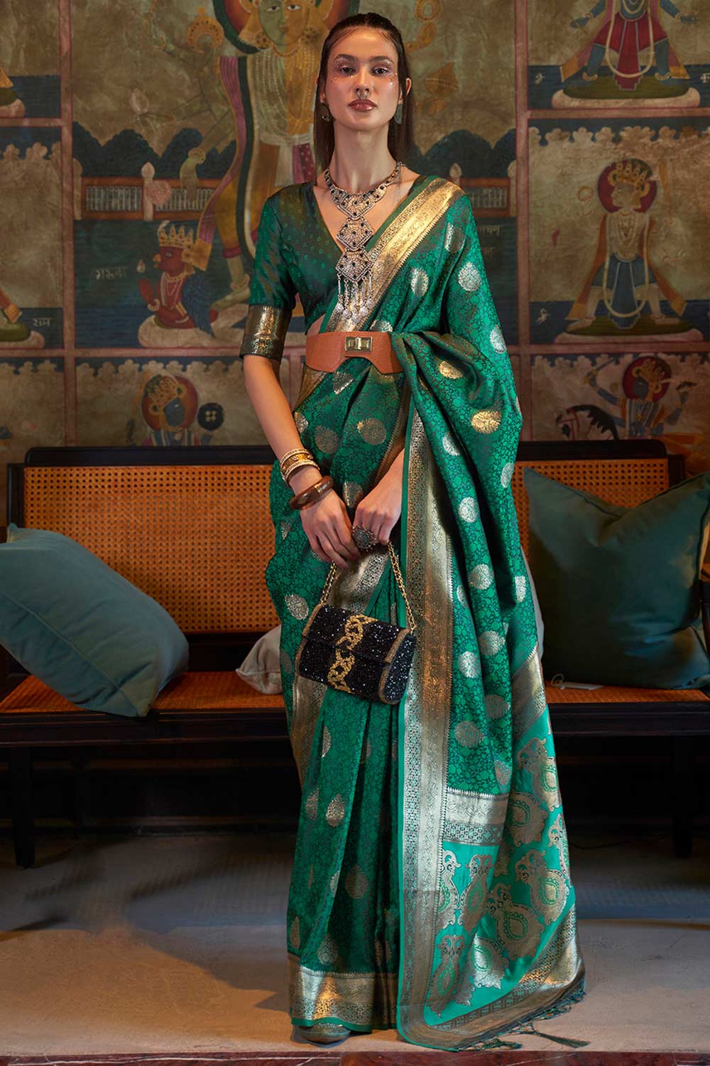 Buy Reena Teal Green Art Silk Paisley Design One Minute Saree Online - One Minute Saree