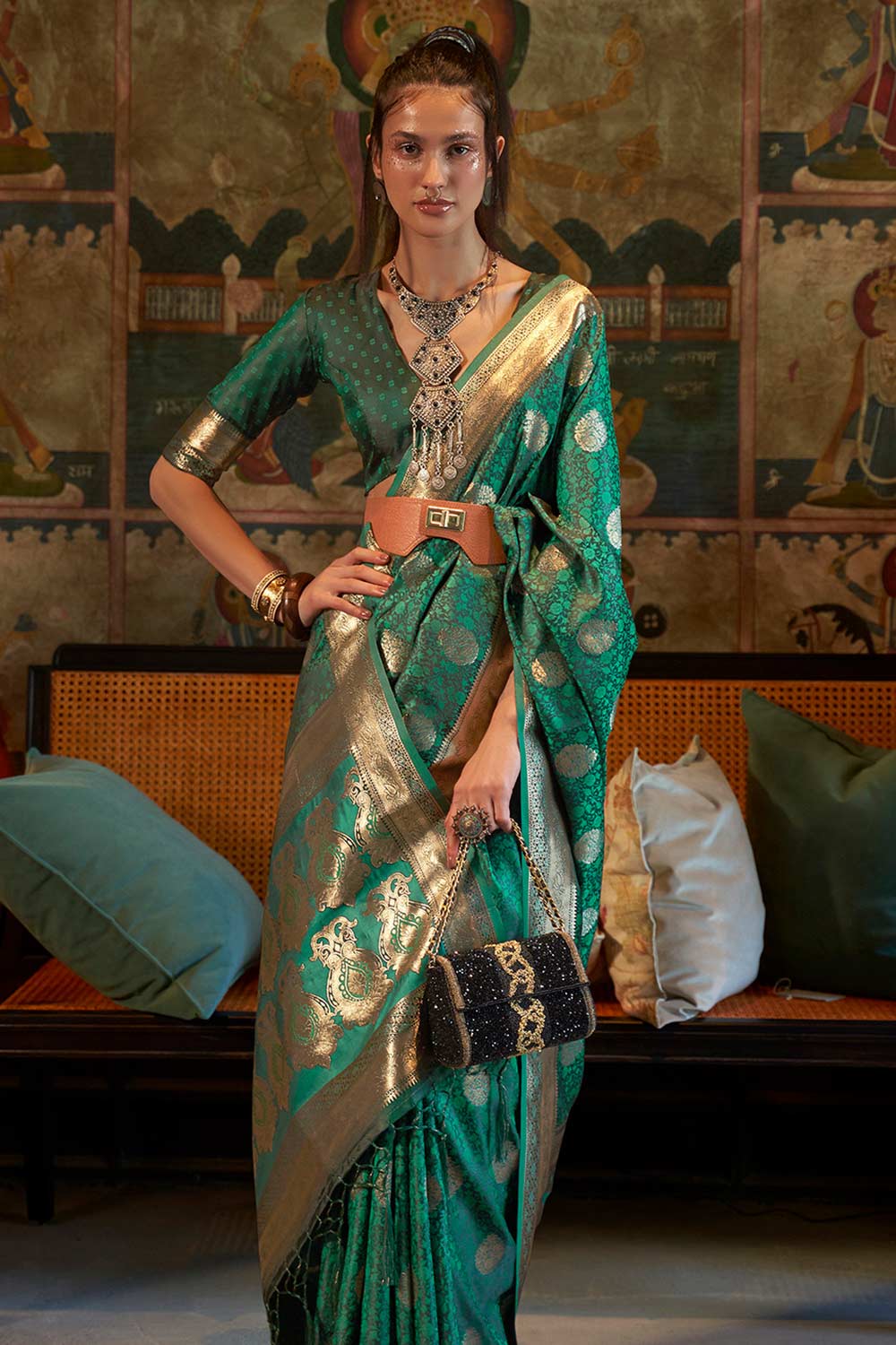 Buy Reena Teal Green Art Silk Paisley Design One Minute Saree Online