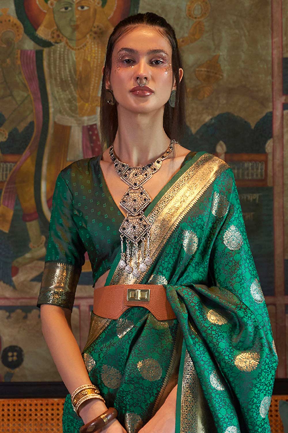 Buy Reena Teal Green Art Silk Paisley Design One Minute Saree Online - Back