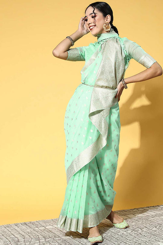 Buy Minerva Green Modal Floral Design Banarasi One Minute Saree Online - One Minute Saree