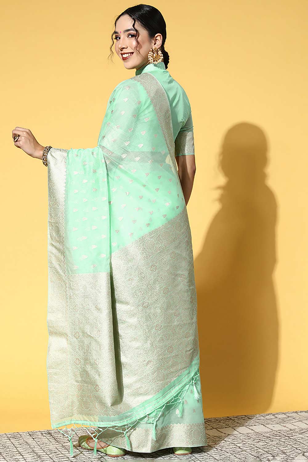 Shop Minerva Green Modal Floral Design Banarasi One Minute Saree at best offer at our  Store - One Minute Saree