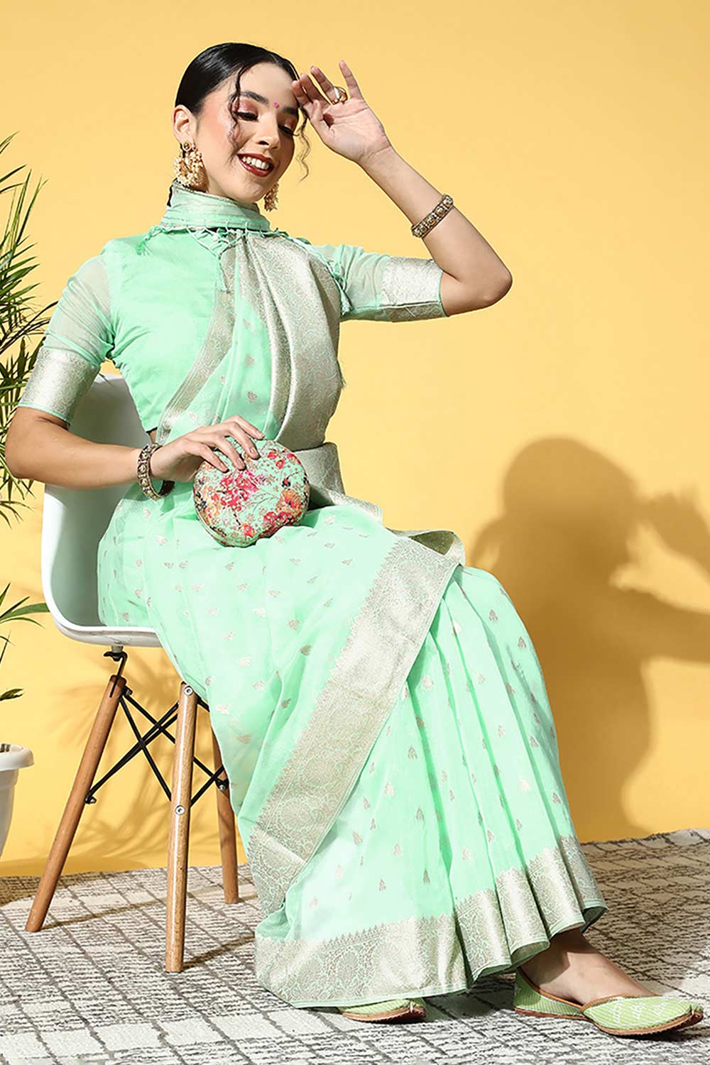 Buy Minerva Green Modal Floral Design Banarasi One Minute Saree Online