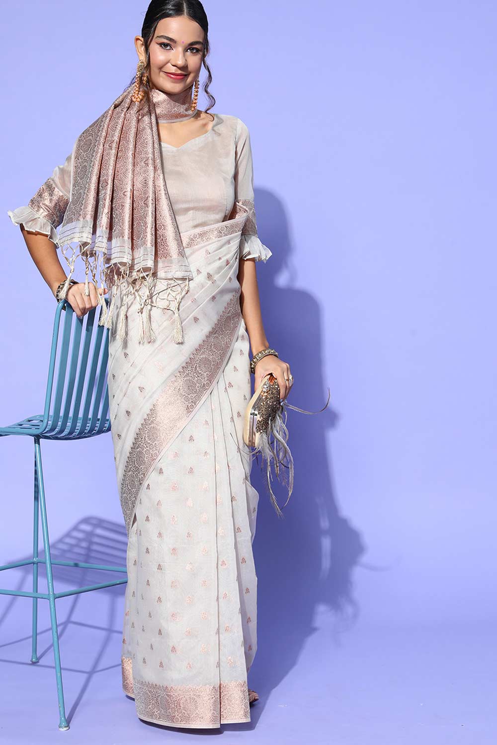 Buy Sonam Off-White Modal Woven Design One Minute Saree Online