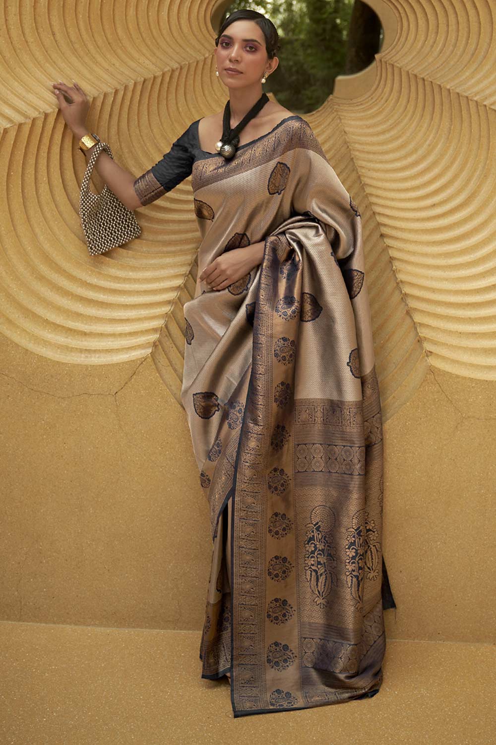 Buy Kimaya Beige Nylon Paisley Design One Minute Saree Online - One Minute Saree