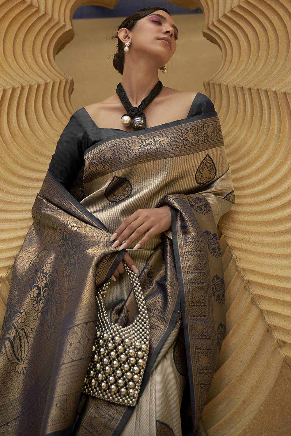 Shop Kimaya Beige Nylon Paisley Design One Minute Saree at best offer at our  Store - One Minute Saree