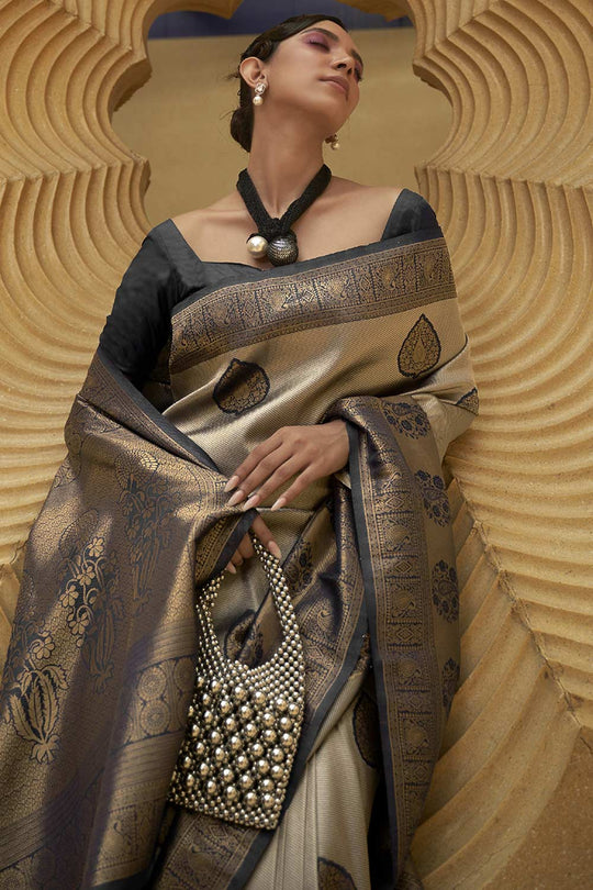 Shop Kimaya Beige Nylon Paisley Design One Minute Saree at best offer at our  Store - One Minute Saree