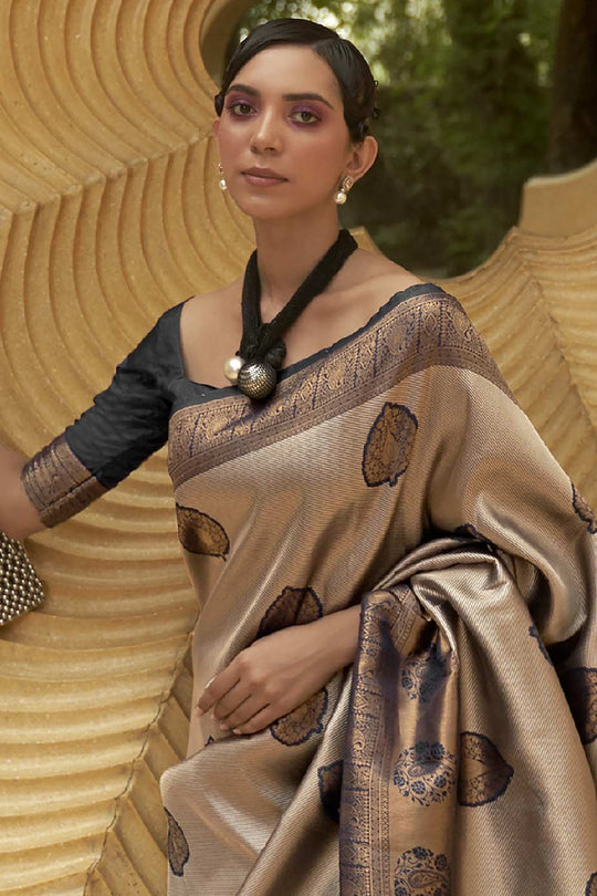 Buy Kimaya Beige Nylon Paisley Design One Minute Saree Online