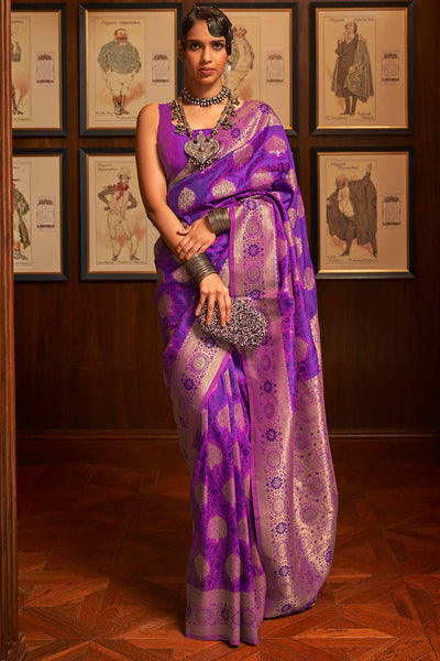 Buy Trina Bright Purple Silk Blend Bagru Banarasi One Minute Saree Online - One Minute Saree