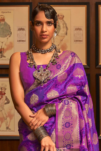Buy Trina Bright Purple Silk Blend Bagru Banarasi One Minute Saree Online