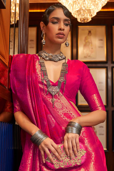 Shop Natia Pink Silk Blend Bagru Banarasi One Minute Saree at best offer at our  Store - One Minute Saree