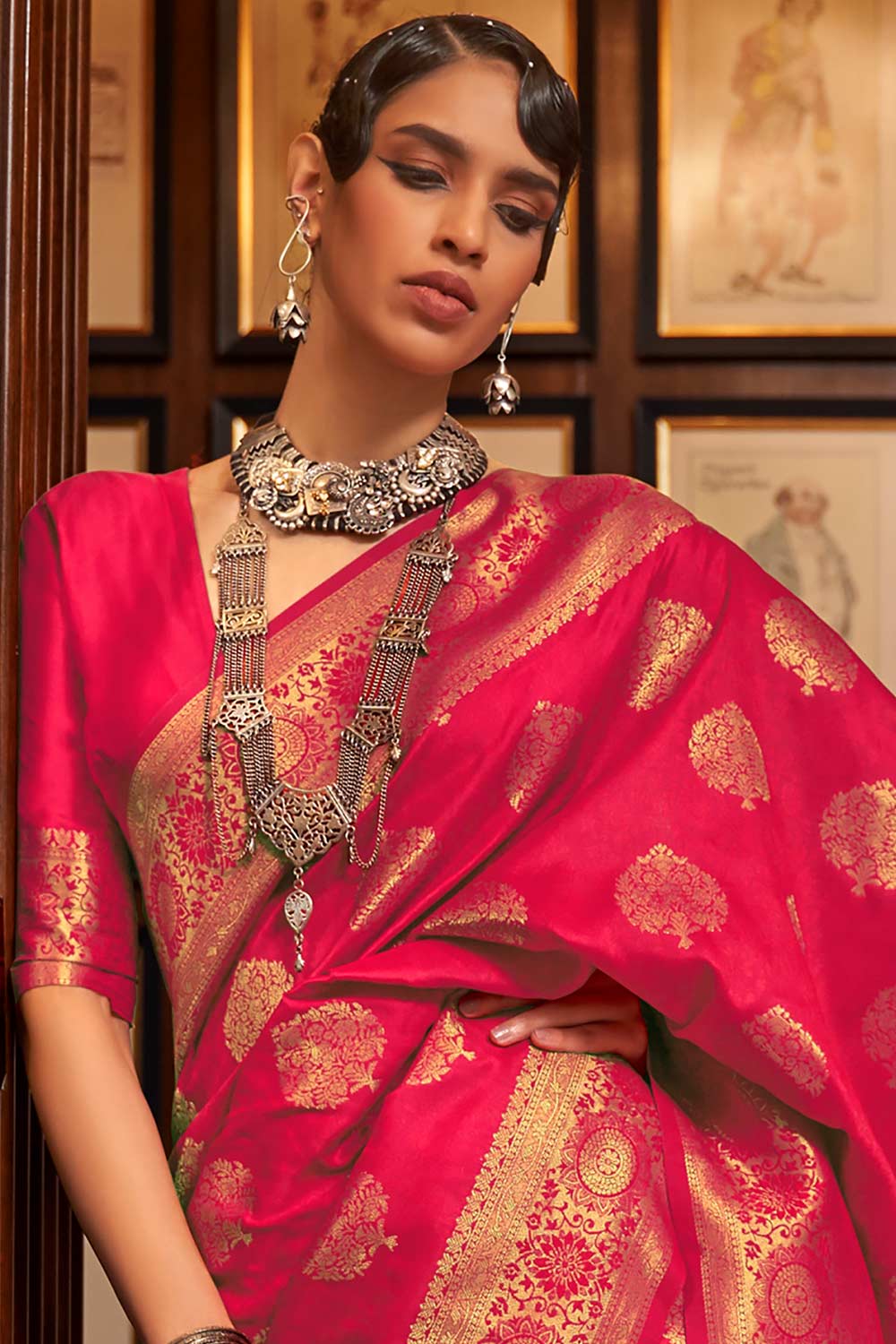 Buy Natia Pink Silk Blend Bagru Banarasi One Minute Saree Online