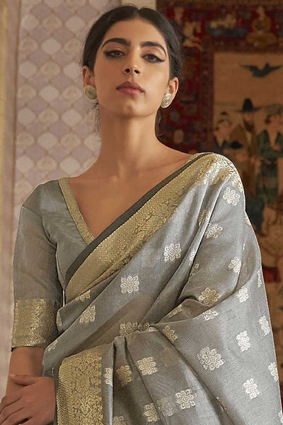 Zeena Silk Blend Grey Woven Design Handloom One Minute Saree