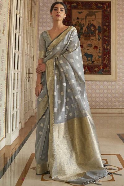 Buy Zeena Silk Blend Grey Woven Design Handloom One Minute Saree Online - One Minute Saree