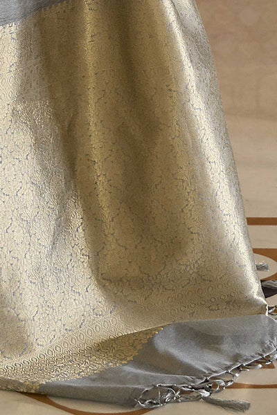 Buy Zeena Silk Blend Grey Woven Design Handloom One Minute Saree Online - Back
