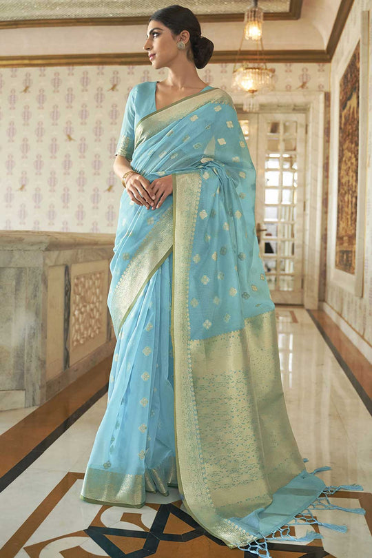 Buy Lorna Silk Blend Turquoise Woven Design Handloom One Minute Saree Online - One Minute Saree