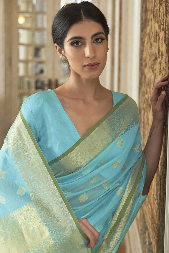 Buy Lorna Silk Blend Turquoise Woven Design Handloom One Minute Saree Online