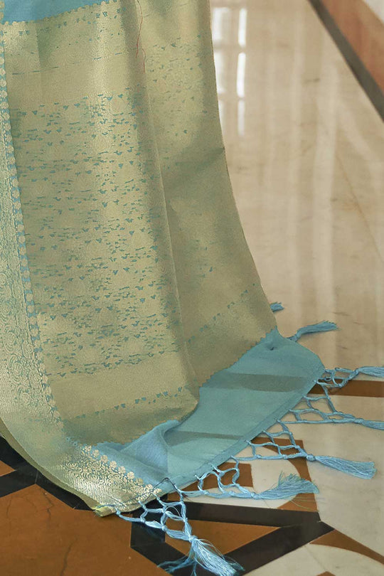 Buy Lorna Silk Blend Turquoise Woven Design Handloom One Minute Saree Online - Back