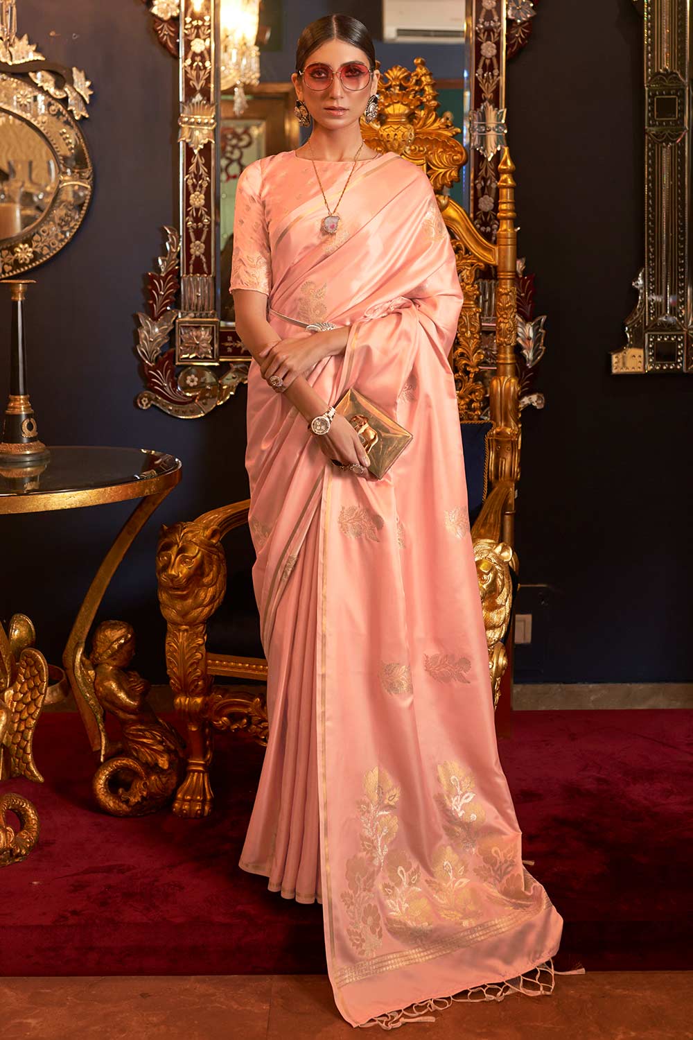 Buy Pallavi Peach Pure Silk Banarasi One Minute Saree Online - One Minute Saree