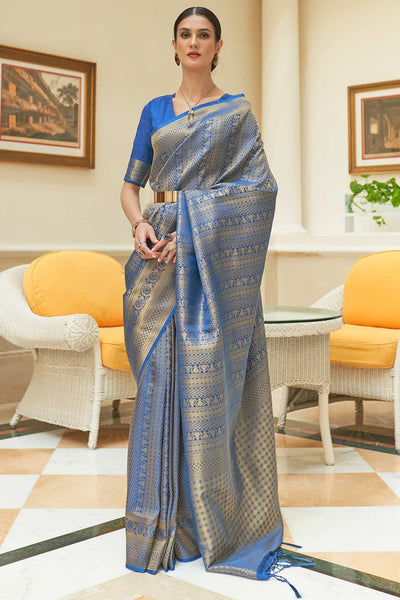 Buy Blessy Blue Silk Blend Paisley Embroidered Kanjivaram One Minute Saree Online - One Minute Saree