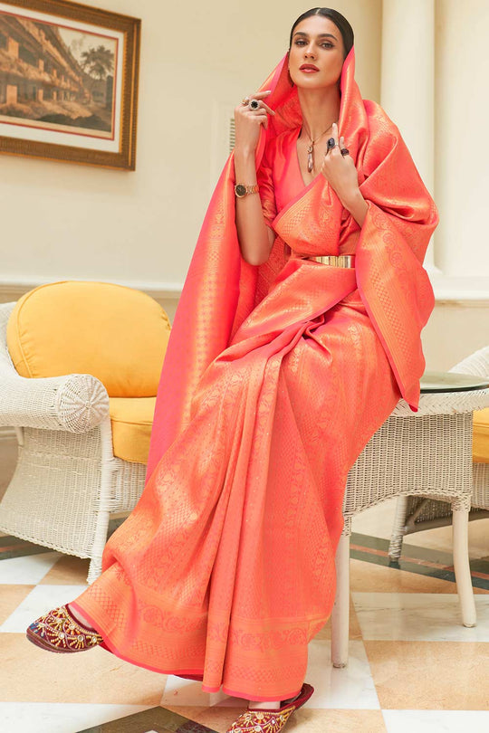 Shop Ami Orange Silk Blend Paisley Embroidered Kanjivaram One Minute Saree at best offer at our  Store - One Minute Saree