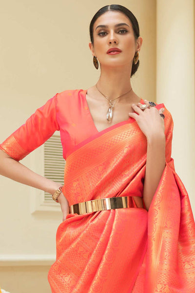 Buy Ami Orange Silk Blend Paisley Embroidered Kanjivaram One Minute Saree Online