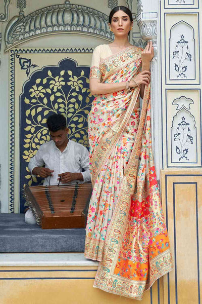 Buy Esther Off-White Silk Blend Floral Woven Design Phulkari One Minute Saree Online - One Minute Saree