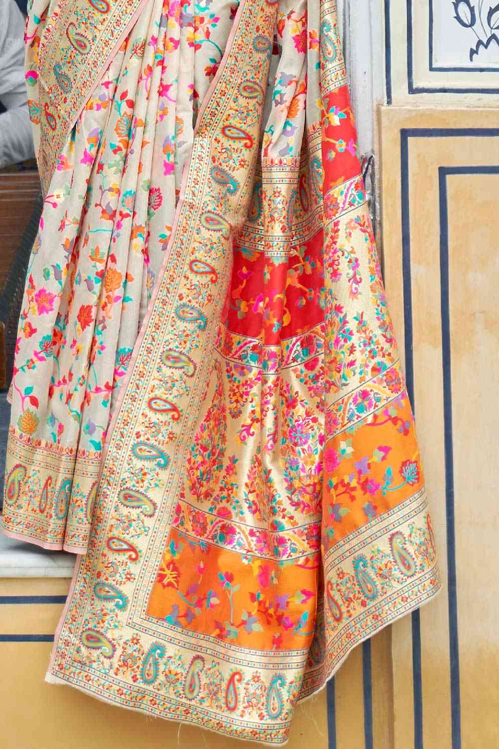 Buy Esther Off-White Silk Blend Floral Woven Design Phulkari One Minute Saree Online
