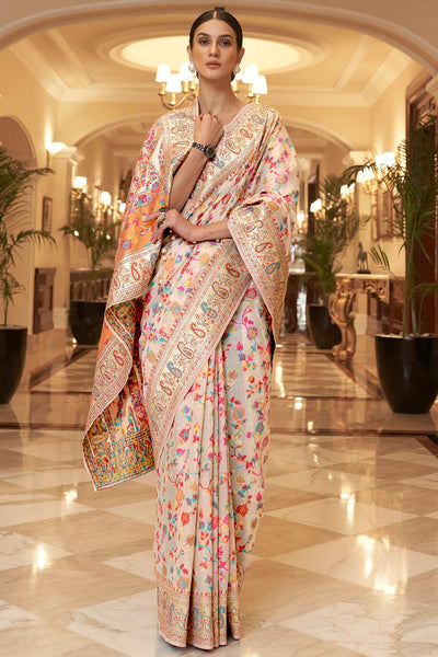 Buy Freya Off-White Silk Blend Floral Woven Design Phulkari One Minute Saree Online - One Minute Saree