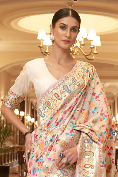 Buy Freya Off-White Silk Blend Floral Woven Design Phulkari One Minute Saree Online