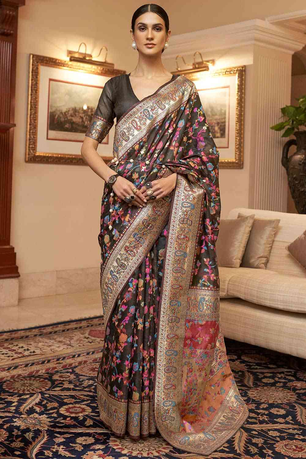 Buy Alice Black Silk Blend Floral Phulkari One Minute Saree Online - One Minute Saree