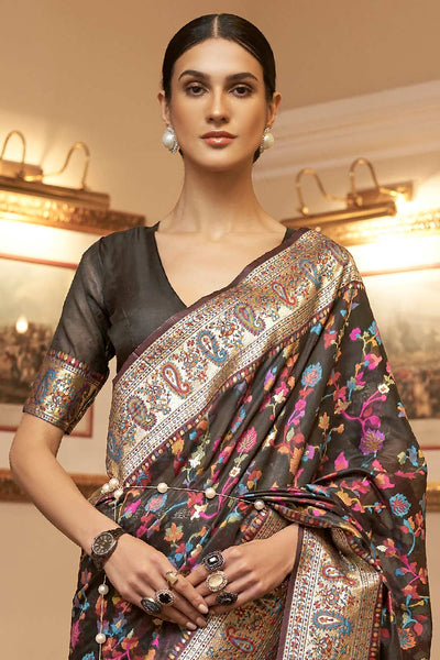 Buy Alice Black Silk Blend Floral Phulkari One Minute Saree Online