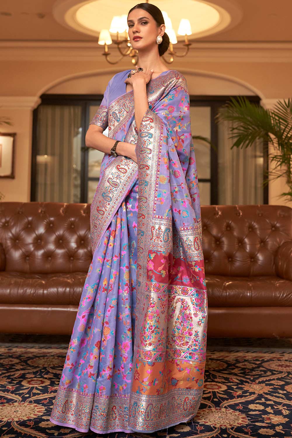 Buy Payal Lavender Silk Blend Phulkari One Minute Saree Online - One Minute Saree