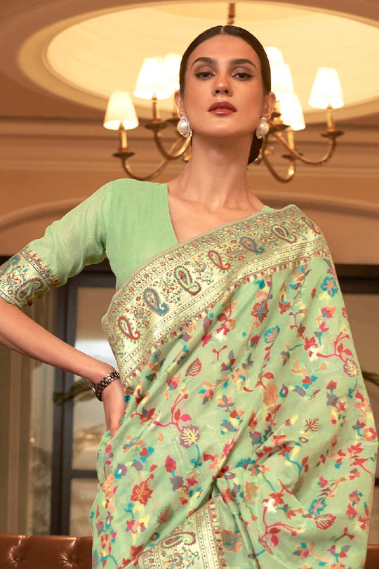 Buy Pista Green Art Silk Floral One Minute Saree Online