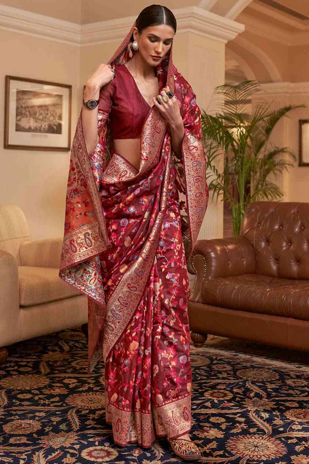 Buy Kyra Burgundy Art Silk Floral One Minute Saree Online - One Minute Saree