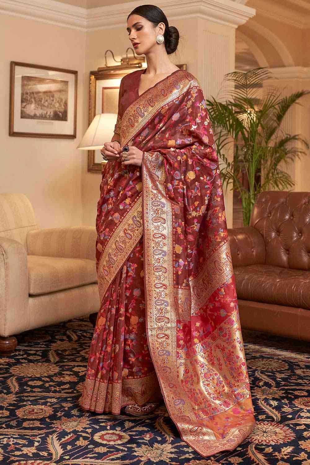 Shop Kyra Burgundy Art Silk Floral One Minute Saree at best offer at our  Store - One Minute Saree