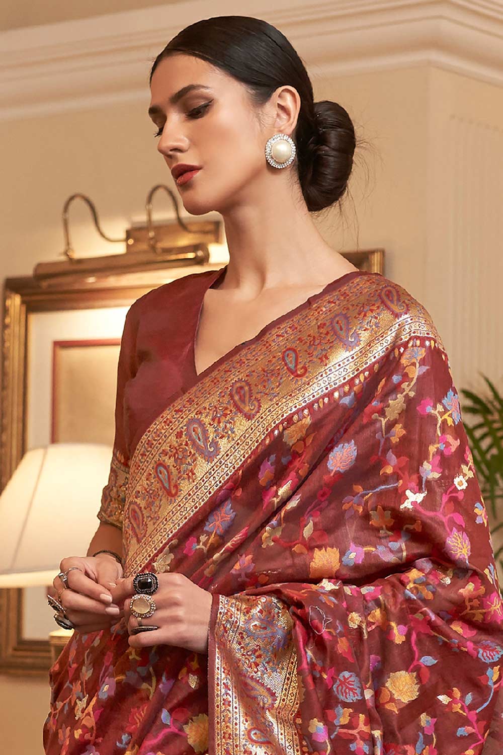 Buy Kyra Burgundy Art Silk Floral One Minute Saree Online